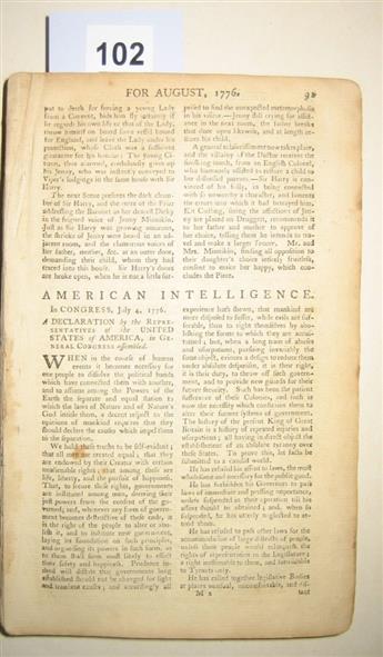 (DECLARATION OF INDEPENDENCE.) An early English printing of the Declaration, in the Universal Magazine.